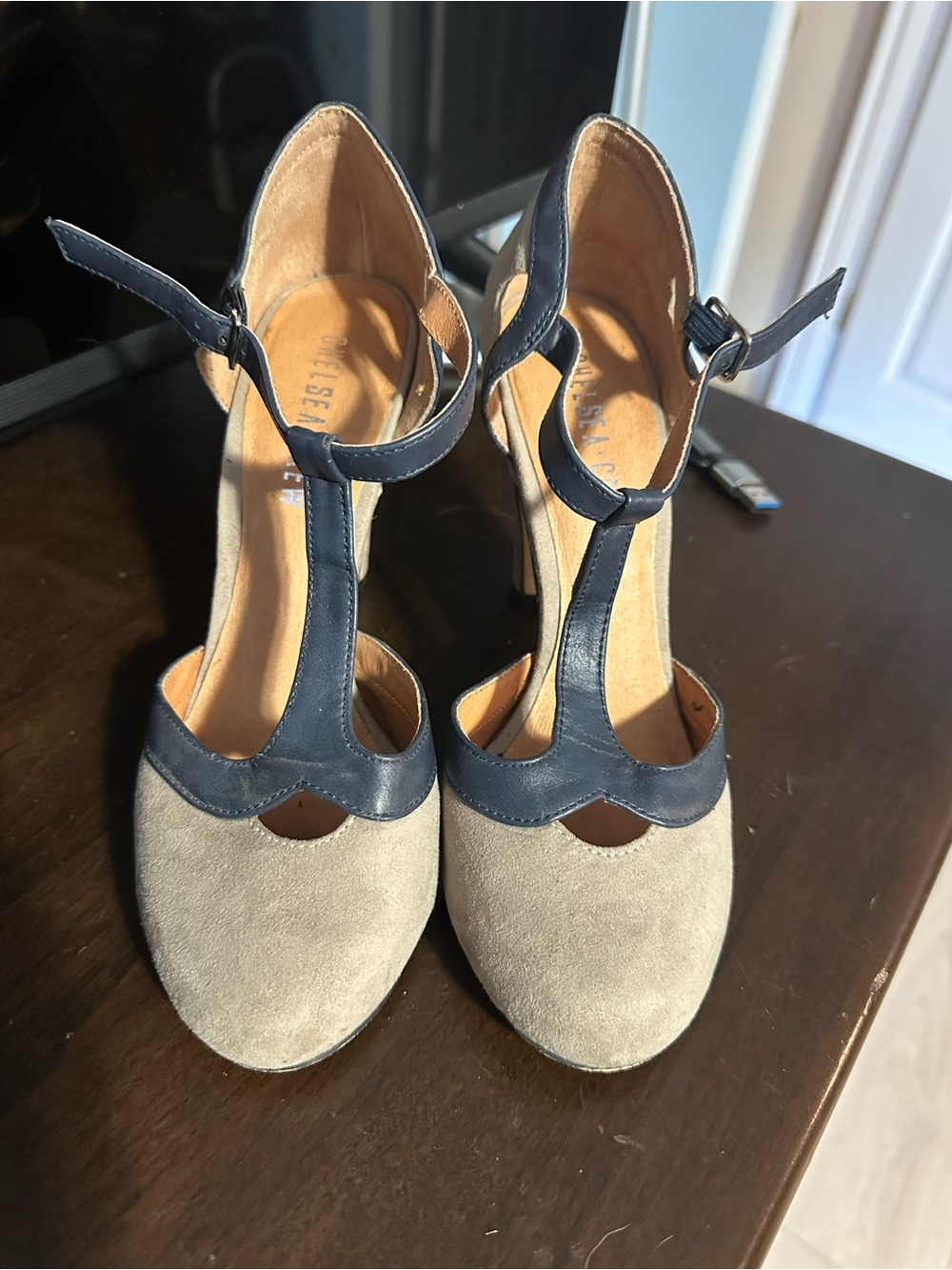 Chelsea Crew T-Strap Two-Tone Suede Heels in Taupe and Navy